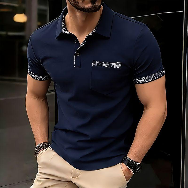 Summer Men's Solid Pocket Splicing Polo Shirts Short Sleeve Breathable Casual Contrast Color Lapel Collar Streetwear Basic Tops
