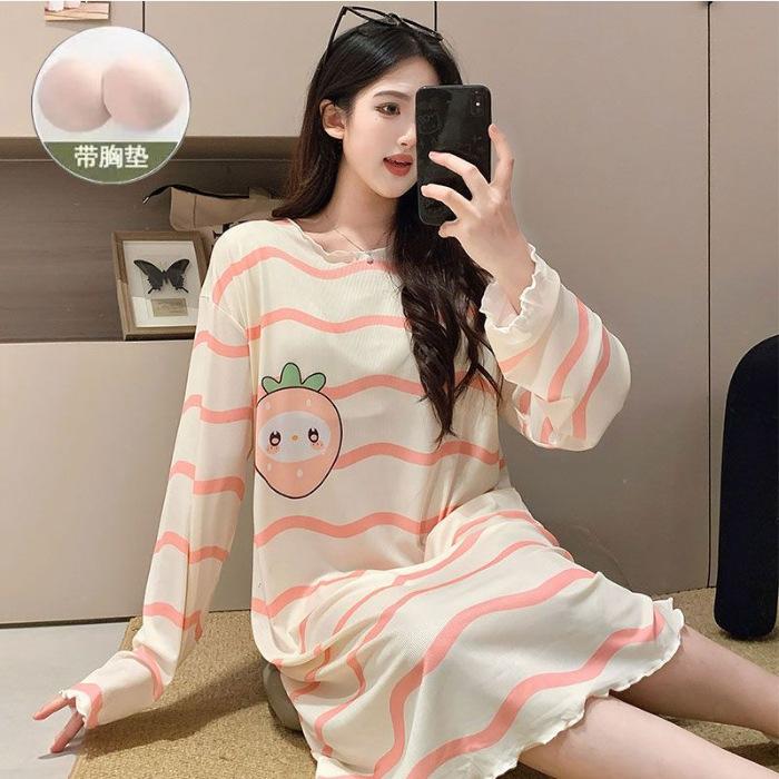 

XL large size nightdress with chest pad women s ice silk thread women s long-sleeved crew neck summer maternity pajamas cartoon spring breathable 160(M)