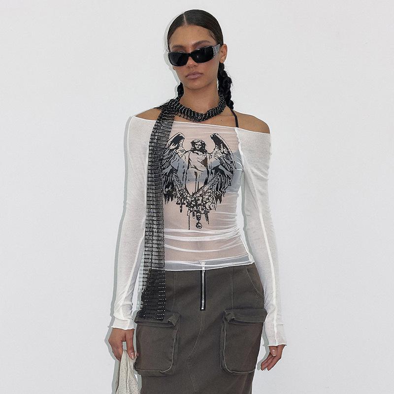 Y23TP642 Europäisch-Amerikanisches Mesh-Strick Ein-Schulter Print Durchsichtig Damen Top.