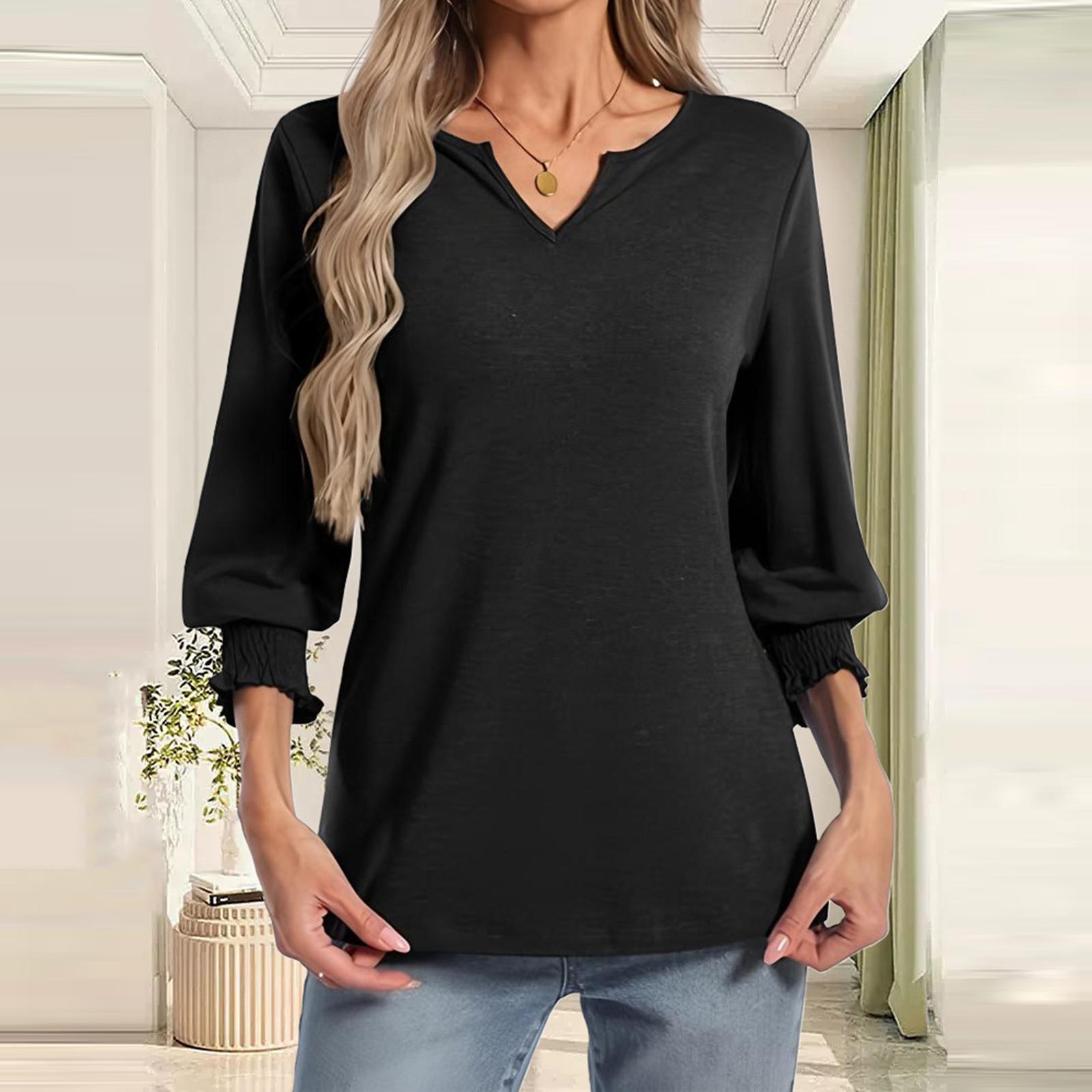

Women s Fashion Casual V-neck 7-point Sleeve Solid Color Top L чёрный