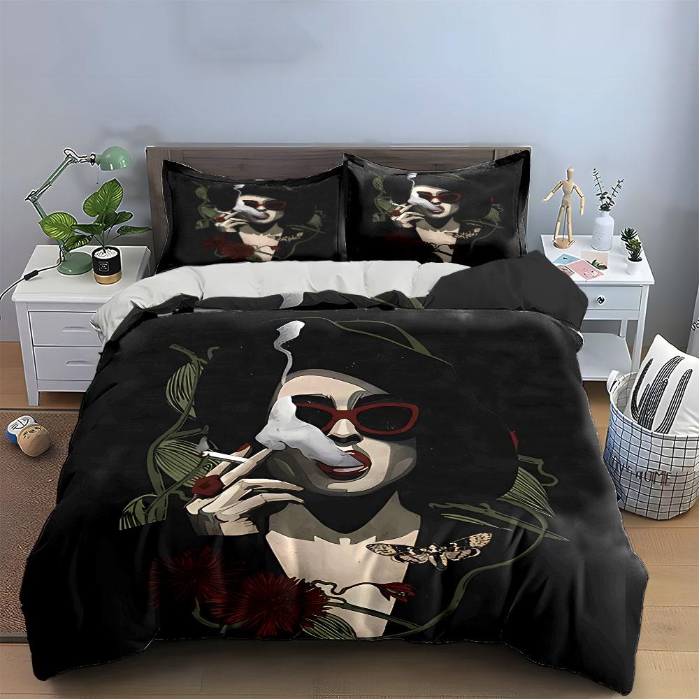 Vintage Smoking Woman Print Bedding Duvet Cover Set Duvet Cover Pillowcases (1*Duvet Cover 2*Pillowcases, without duvet insert)