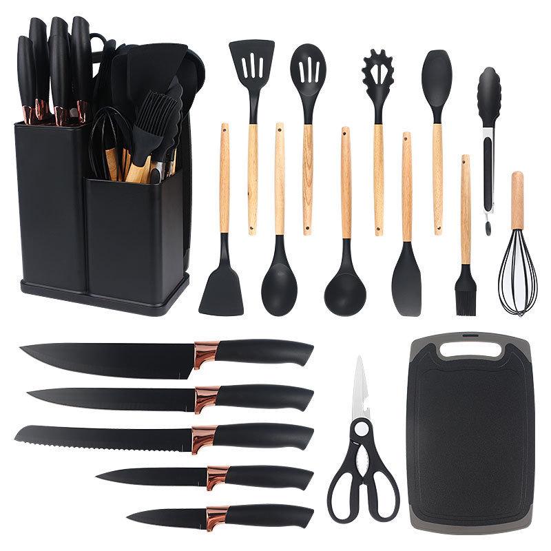 Spot Silicone Kitchen Utensil 19-Piece Non-Stick Set: Includes Spatulas, Spoons, Storage Bucket, and Knife Set.