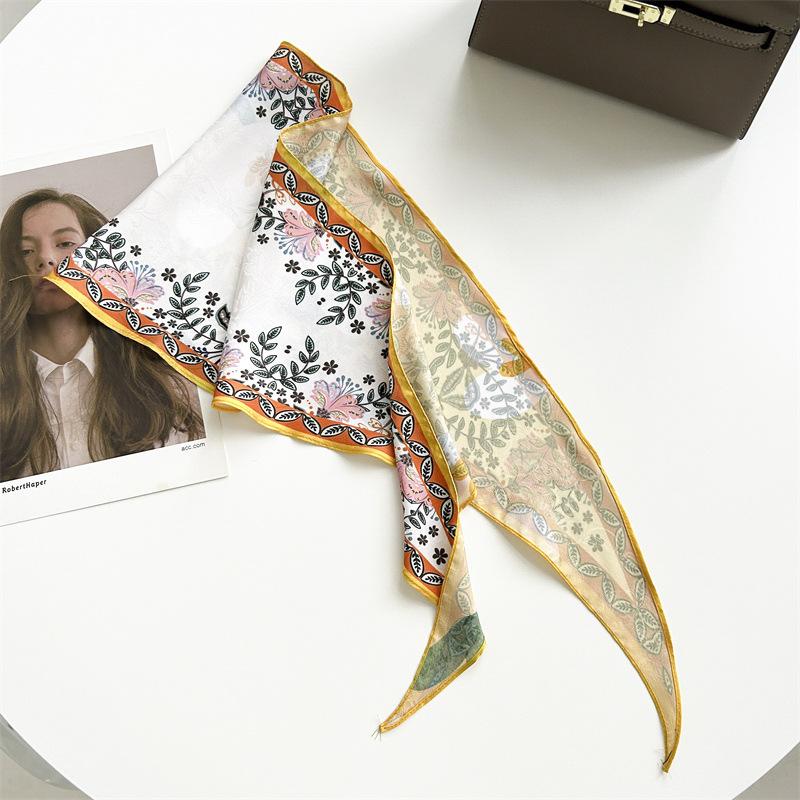 Spring and summer pastoral flower rhombus scarf dark pattern jacquard simulation silk scarf women's neck temperament small scarf tied bag