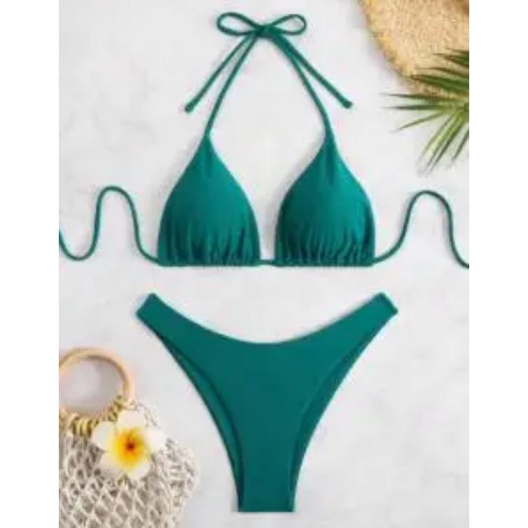 

2025 Women White Bikini Chest Padded New Sexy Halter Bikini Two-Piece Set with Drawstring Straps Solid Brazilian Bathing Suit XL