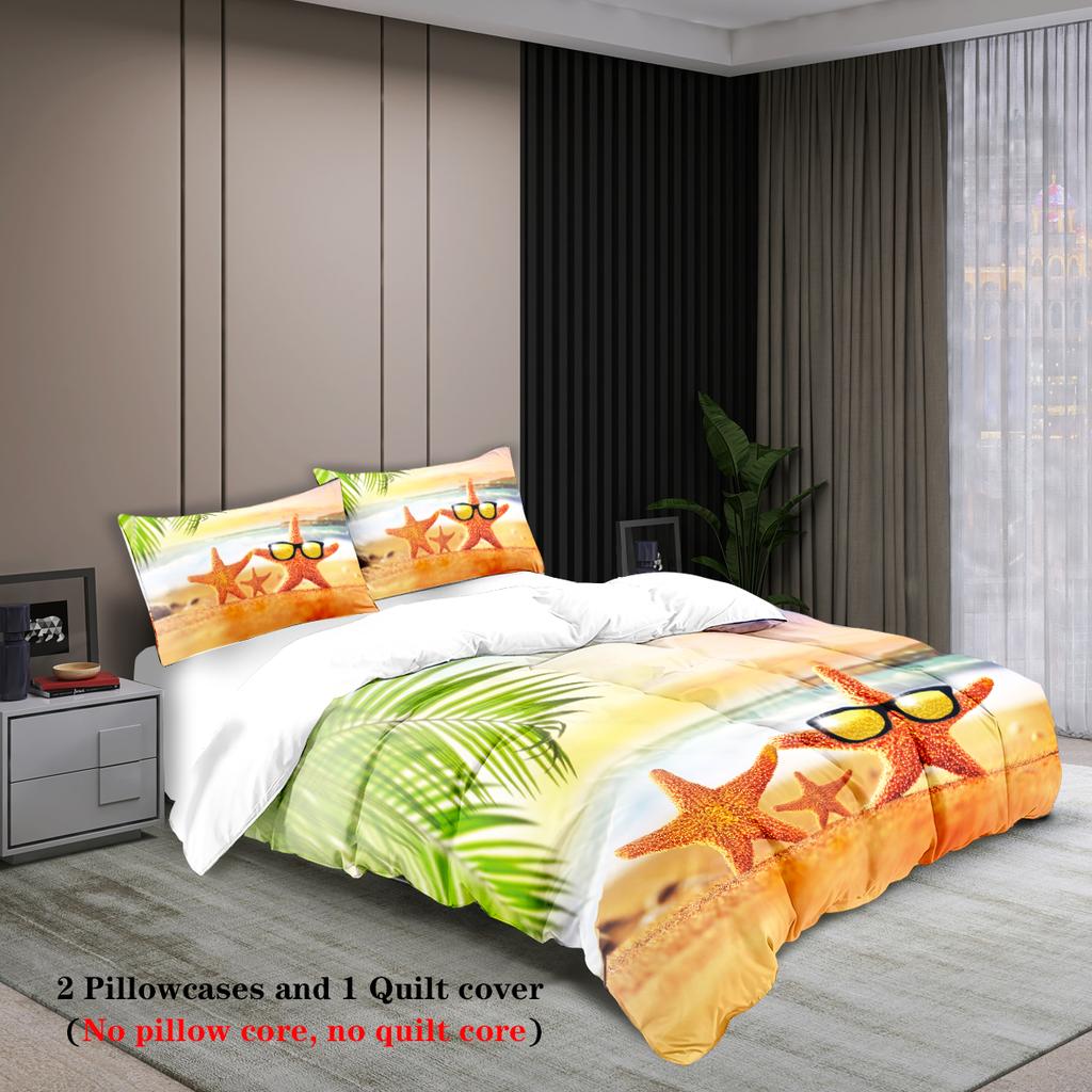3-piece Beach Starfish Pattern Print (1 Duvet Cover+2 Pillowcases, No Core) Soft and Comfortable Bedding Set