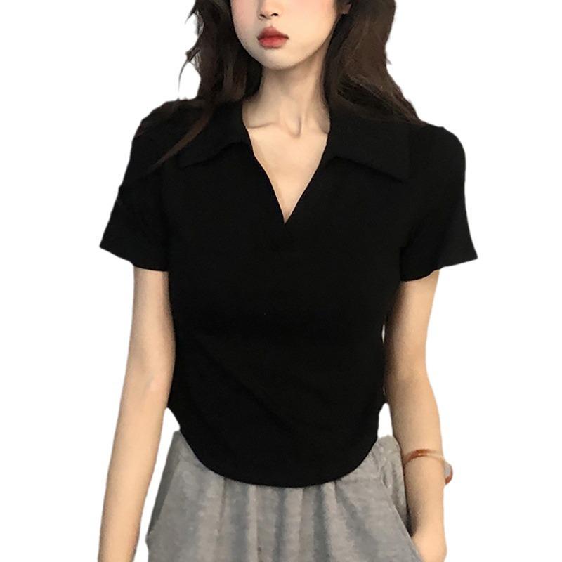 Women's Slim-Fit Irregular Polo Collar Summer T-Shirt - Korean College Style