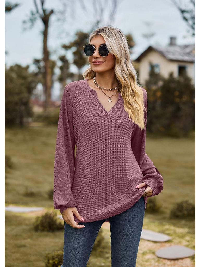 2023 European & American Solid Color V-Neck Splicing Long-Sleeve Loose T-Shirt for Women