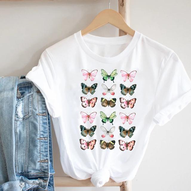 Kvinnor Fjäril Kortärmad Vår Sommar Trend Tryck Kläder Mode Kläder Tryck T-tröja T-shirt Kvinnlig Grafisk T-shirt