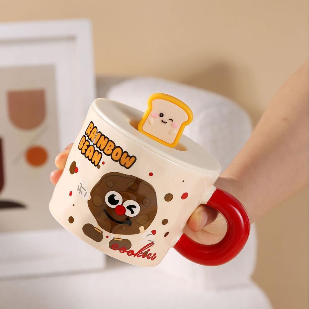 Niedliche Keramiktasse Haushaltstasse mit Deckel Löffel Brot Wasserbecher Studentengeschenk Frühstück Milch Kaffee Tasse