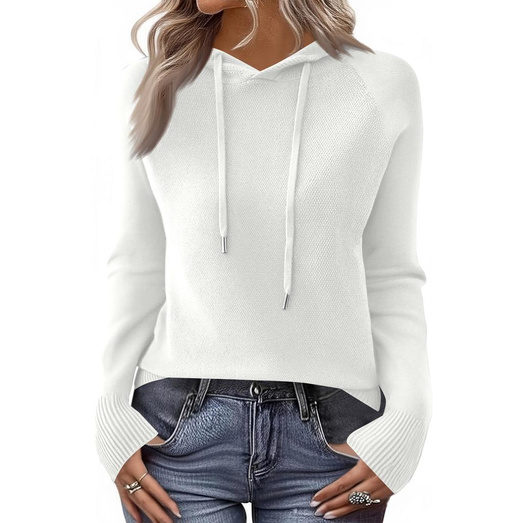Ladies' Casual Solid Color Knitted Raglan Hooded Sweatshirt