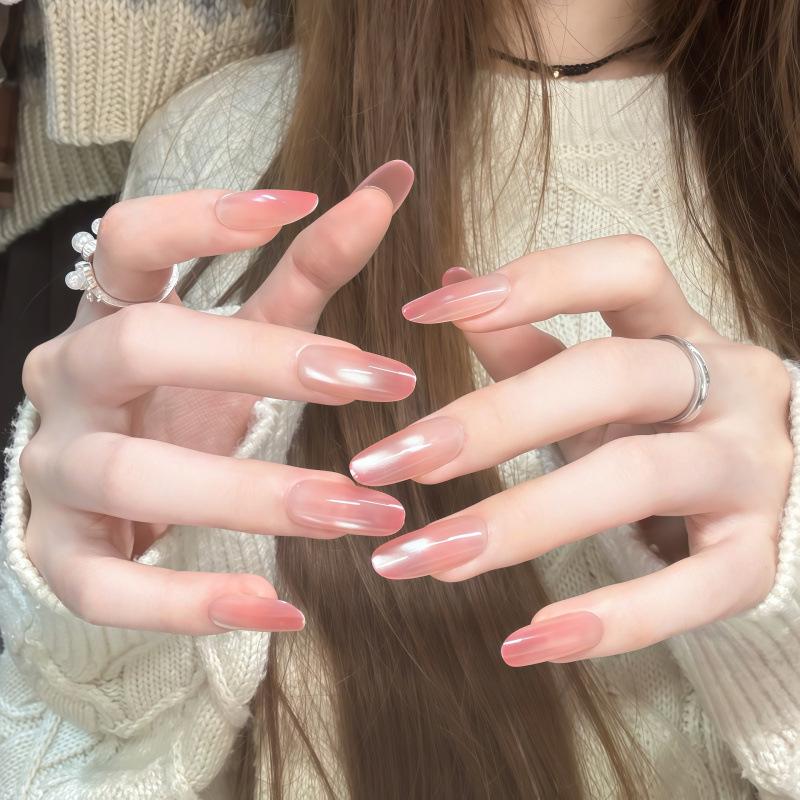 Nude Pink Cat Eye Gradient Press-On Nails - Handmade, Brightening, Detachable, Glass Beads Nail Art.
