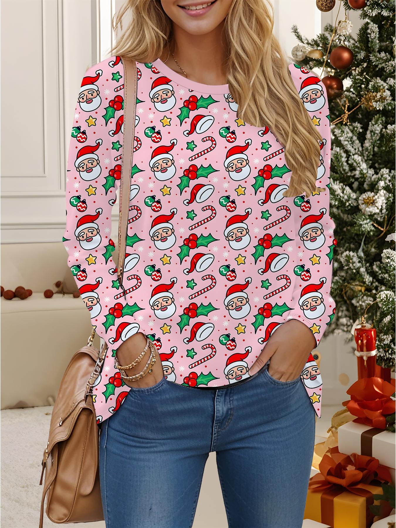 

Топи для жінок 3D Різдвяний принт Круглий виріз Довгий рукав Футболка Осінній Повсякденний Приталений Пуловер Жіночий Топ з довгим рукавом XXL рожевий