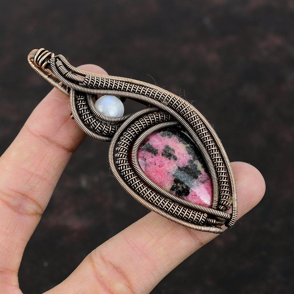 Rhodonite Pendant Copper Wire Wrapped Jewelry Handmade Pendant Rainbow Moonstone Jewelry Copper Wire Pendant Gemstone Jewelry Gift For Women