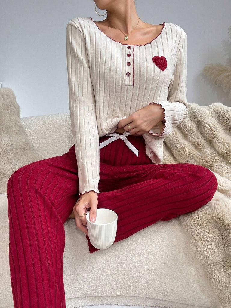 Women’s Autumn and Winter 2 Piece Pajama Set Heart Embroidery Long Sleeve Top and Long Pants Loungewear Suitable for Outdoor Wear