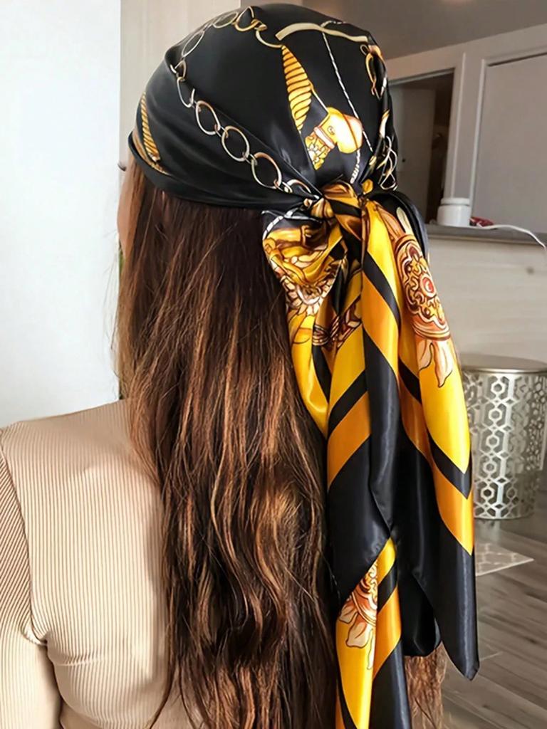 Luxury 90*90CM Vintage Chain Print Shawls Fashion Beach Sunscreen Scarves Kerchief Square Bandannas Satin Headscarves
