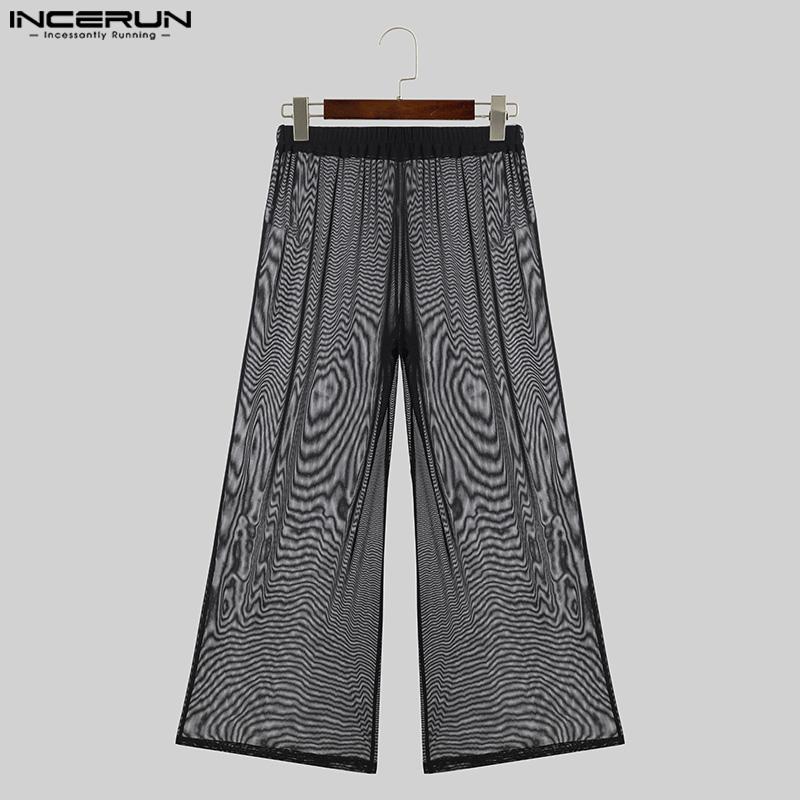 INCERUN Summer Men High Waist Transparent Pants Wide Leg Fishnet Trousers