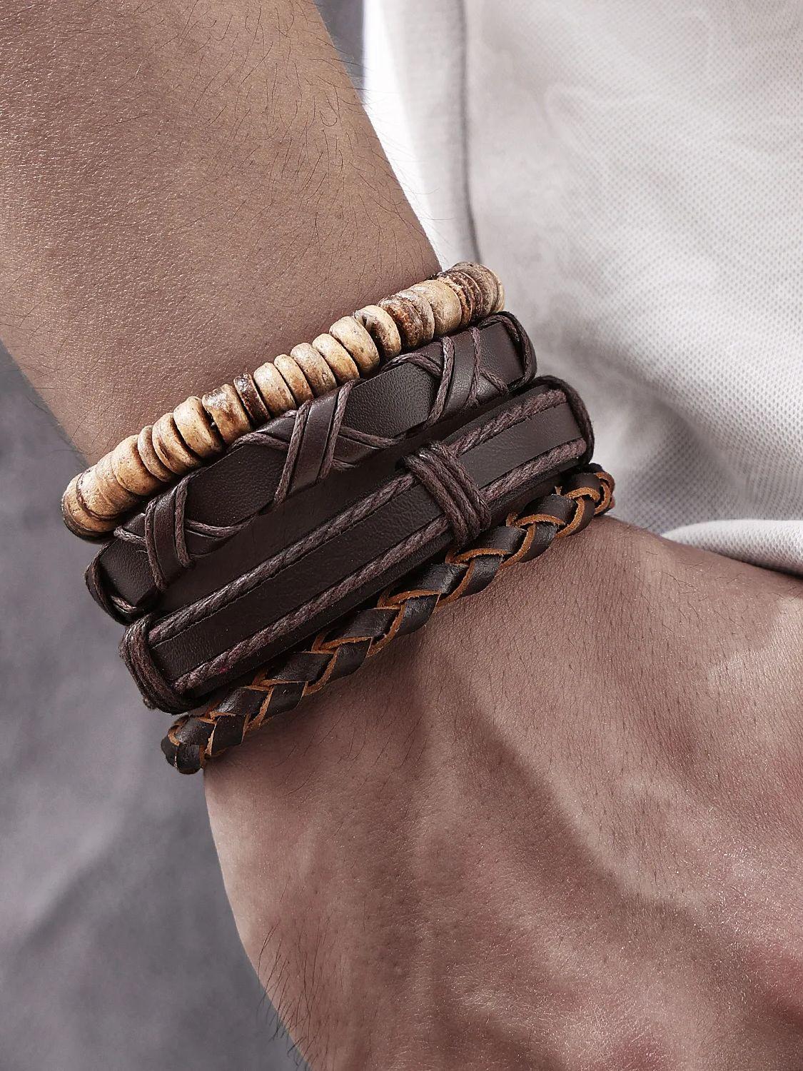 Retro Hand-woven Wood Beads Multi-layer Bracelets Hip Hop Leather Coconut Shell Men Bracelets Fashion Jewelry Trendy Accessories
