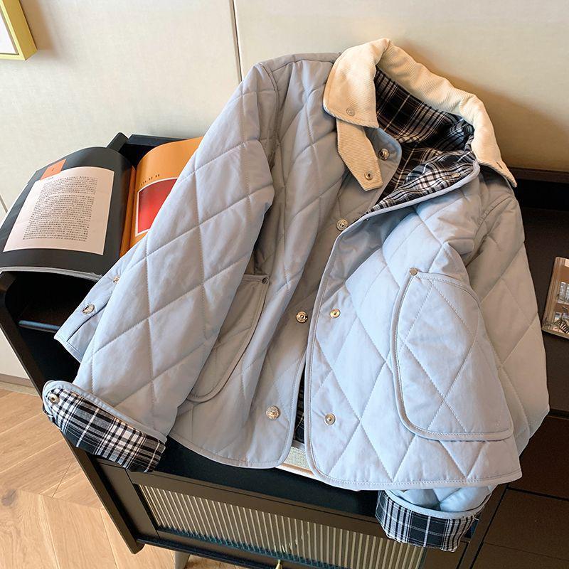 

Reversible Argyle Quilted Cotton Jacket - Women s Petite Warm Double-Sided Coat S (85-105 jin) синій