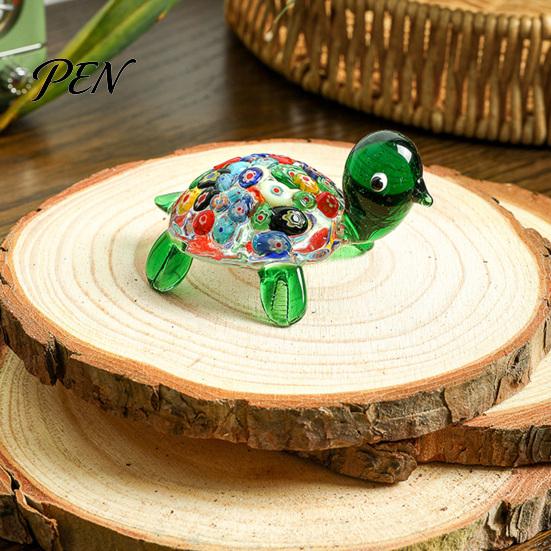 Crystal Glass Art Piece Hand Blown Millefiori Turtle Figurine, Mini Colorful Tortoise Statue, Cute Desktop Decoration Cartoon Sea Tabletop Ornament