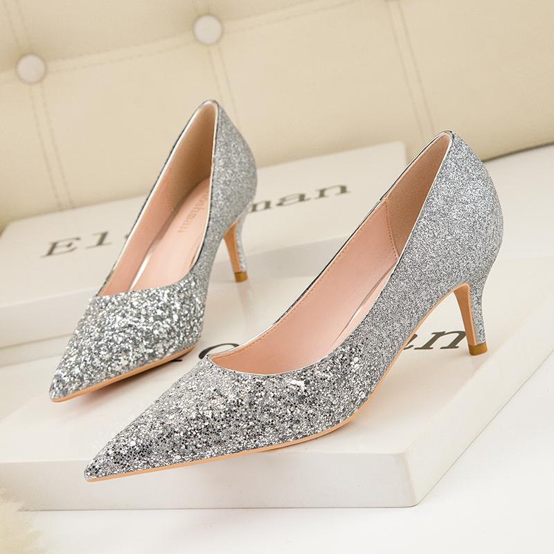 Fashion Woman Pumps Silver Champagne High Heels Stiletto Wedding Shoes Sequins Women Heels Fashion Ladies Shoes Party Shoes