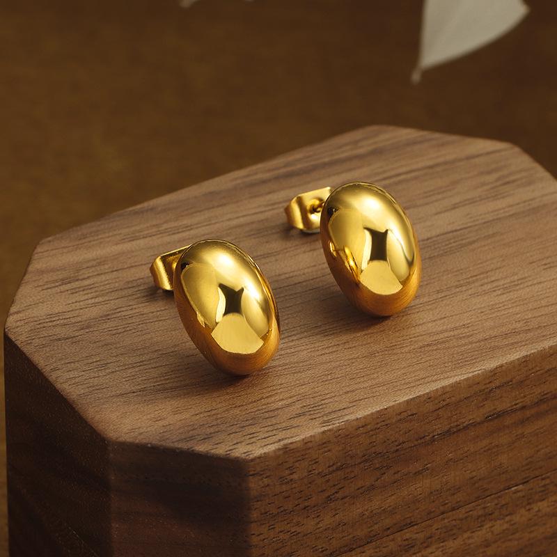 Vintage Hong Kong-Style Metal Bean Stud Earrings - High-End, Lightweight Stainless Steel, Fade-Resistant, Versatile for Women