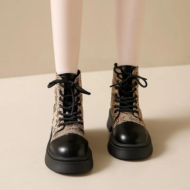 Fashion Random Printing Women Ankle Boots Winter New Flats Platform Designer Women Shoes 2025 Brand Fashion Dress Snow Motorcycle Botas