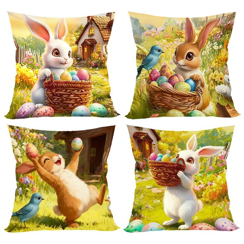 Easter Decoration Throw Pillow Covers Golden Spring Floral Bunny Eggs Holiday Decorative Pillowcases for Sofa Couch Home Decor