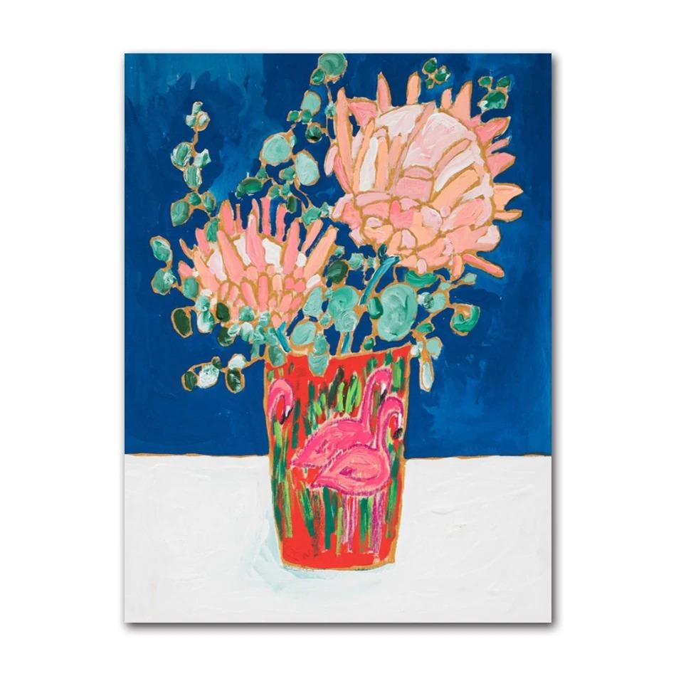 Nordic Flower Leaf Colorful Vase Art Print Wall Poster Canvas Painting Retro Picture Modern Home Decor Bedroom Decoration