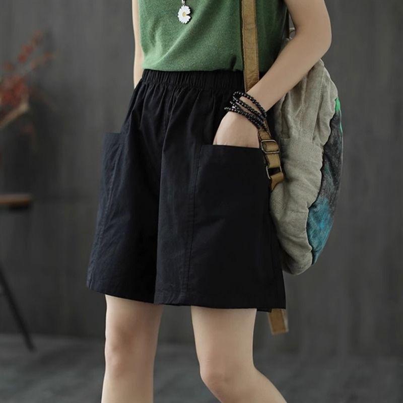 Women's Cotton Pocket Shorts - Summer Casual, Wide-Leg, Elastic Waist, Plus Size, Five-Point Length