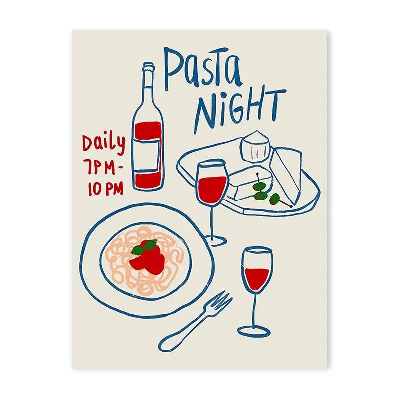 Color Food Line Drawing Canvas Painting Living Fashion Vintage Spaghetti Red Wine Print Posters Room Kitchen Wall Art Home Decor