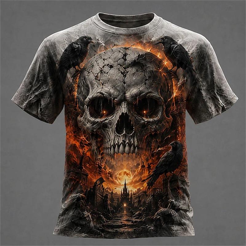 Halloween Men's Optical Illusion Skeleton T-Shirt Short-Sleeve T-Shirt 3D-Printed Crew Neck Shirt Horror Theme Streetwear Top