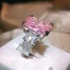 Fashion Pink Big Square 5A Crystal Wedding Ring  Sterling Silver  For Women Cocktail Ring With Stone Evening Jewellry