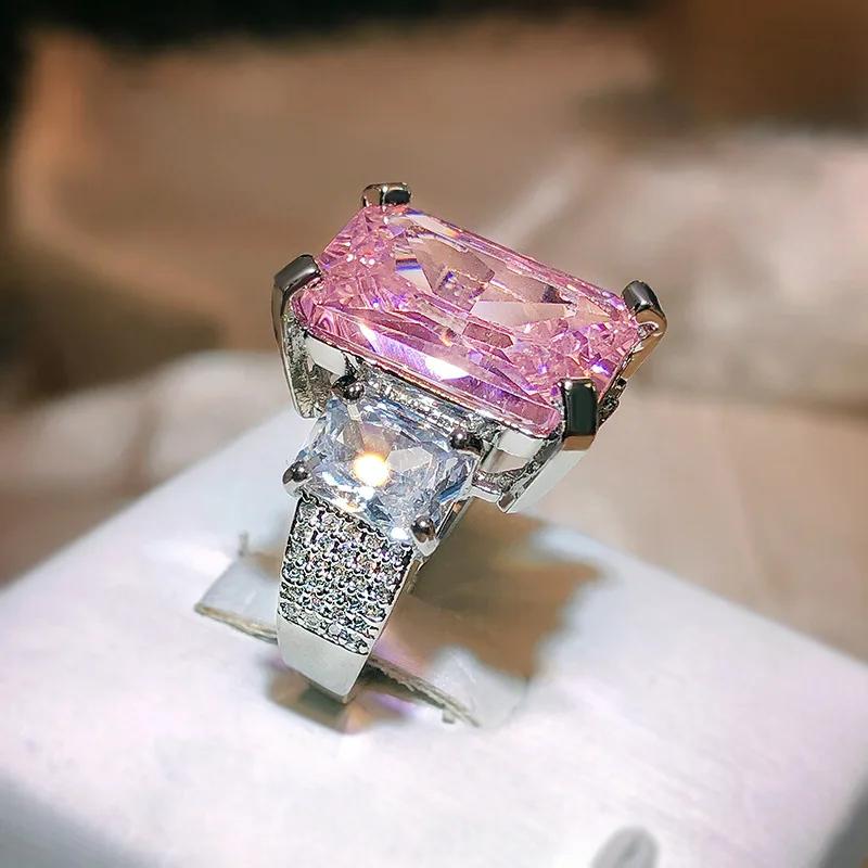 Fashion Pink Big Square 5A Crystal Wedding Ring  Sterling Silver  For Women Cocktail Ring With Stone Evening Jewellry