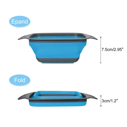 uxcell Folding Colander, Silicone Square, Foldable Strainer with Handle, Space-Saving, for Pasta, Vegetables, and Fruit, Blue, Small