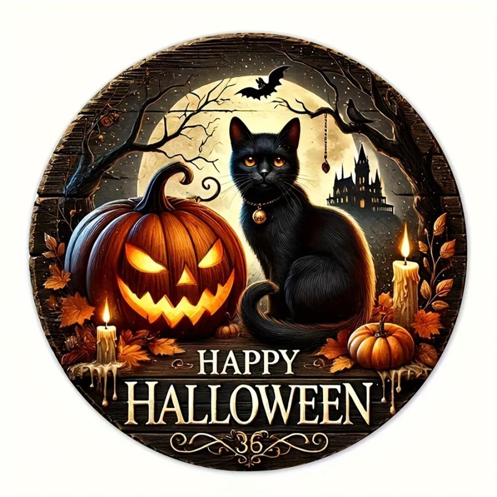 

Vintage Halloween Wreath Sign - Happy Halloween with Black Cat & Pumpkin Design,Indoor/Outdoor Fall Decor , Porch & Wall Art 20x20cm белый