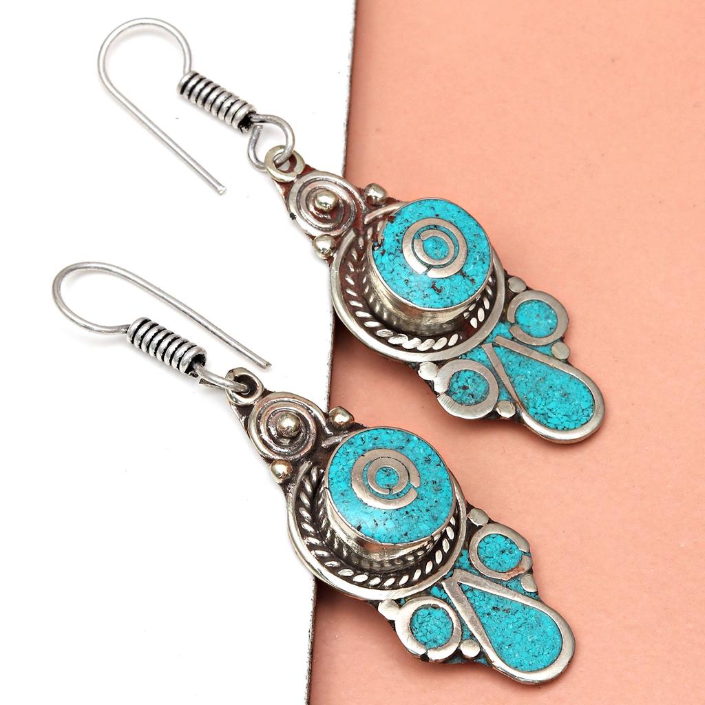 Tibetan Turquoise Coral Red Earrings Nepali Tribal 12gms 1.5" 1.6" Chunky Gift