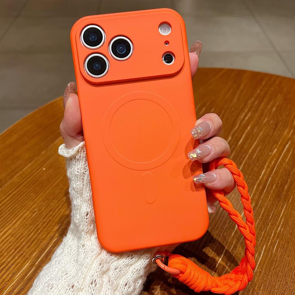 Braided Thick Cord Wrist Strap Bracelet Liquid Silicone Magnetic Case For iPhone 11 12 13 14 15 16 17 Pro Max Air Plus Cover