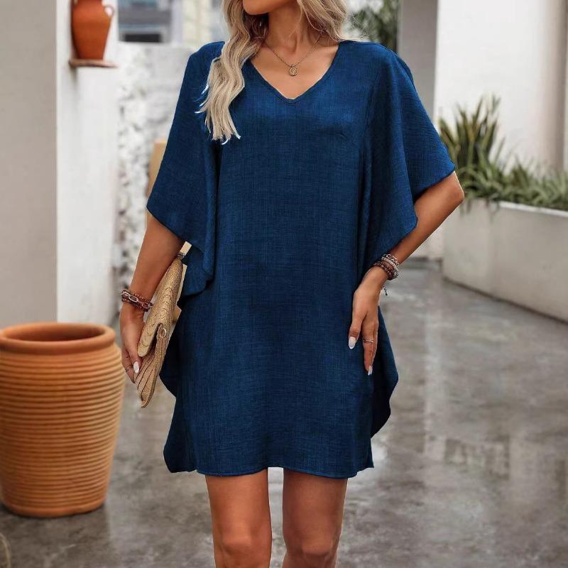 Summer Women's Ruffle Sleeve V-Neck Mini Dress Casual Loose Solid Chiffon Dress for Daily