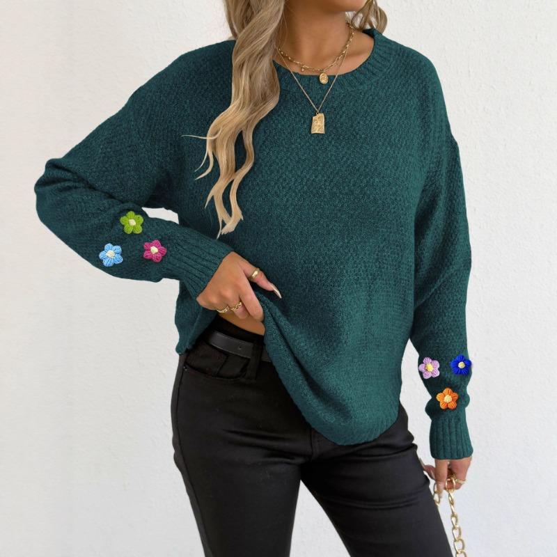 Women European Size Long Sleeve Crew Neck Crochet Flower Patchwork Pullover Sweater