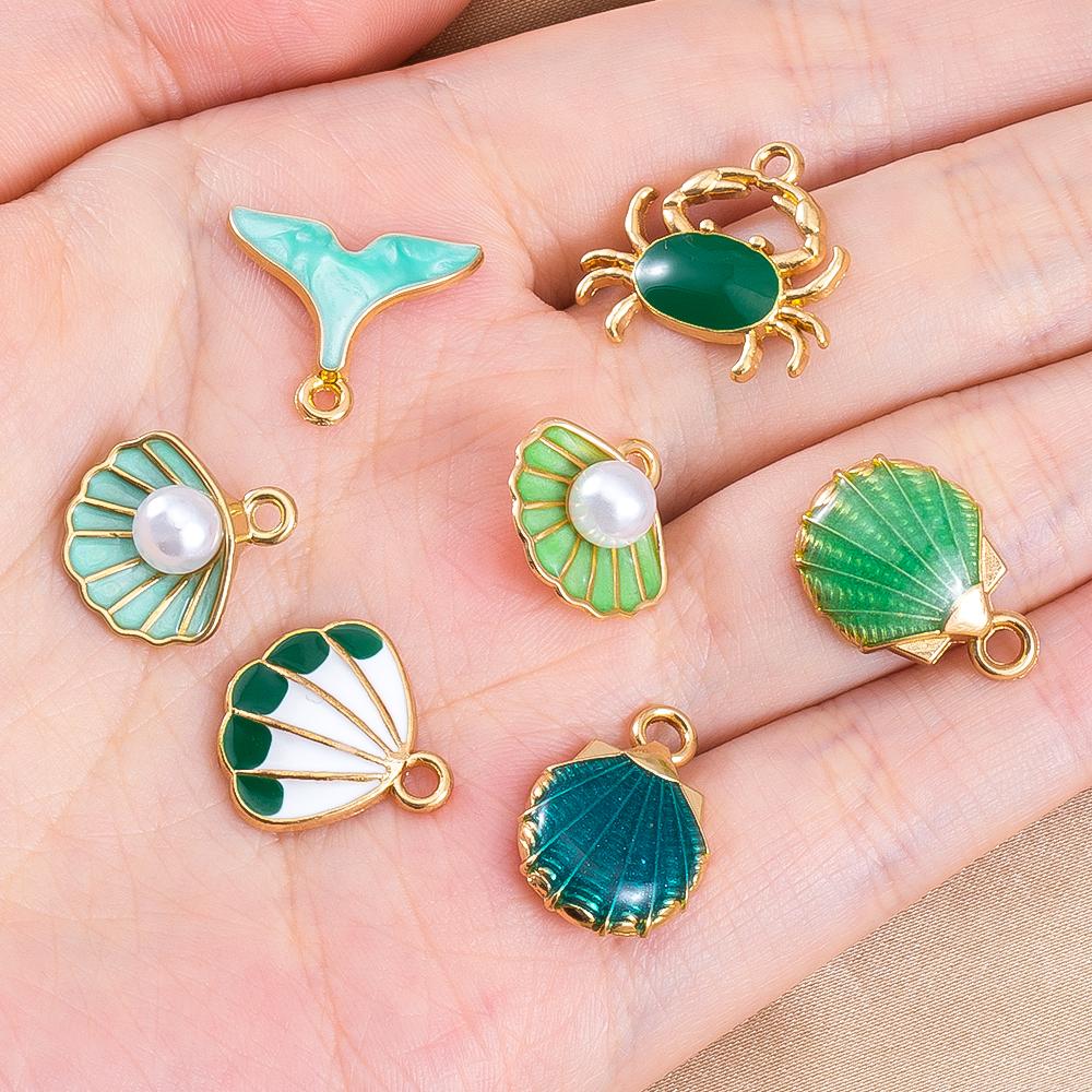 10pcs Cute Green Purple Pink Enamel Ocean Crab Conch Fishtail Heart Charms Alloy Pendants DIY Necklace Bracelet Jewelry Findings