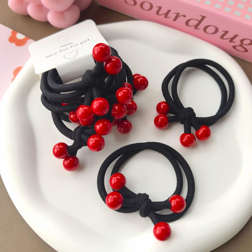 5pcs Hair Band Festive Big Red Four Beads Head Rope Knot Elastic Band Thick Hair Ring Student Simple Elastic Band Head Rope