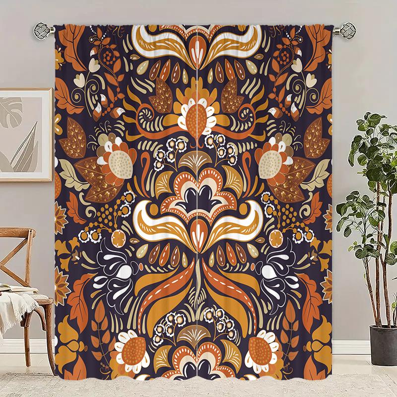 

Set Of 2 Complex Pattern Printed Curtain Polyester Material Suitable Family Bedroom Living Room Decoration Curtains Made Sitting Window Treatment W100*H70(CM)-Hooks&1PCS