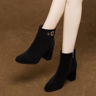 Autumn and Winter Fashion Short Boots Women's New Velvet Women's Thick Heels Short Boots High Heels Short Temperament Bare Boots