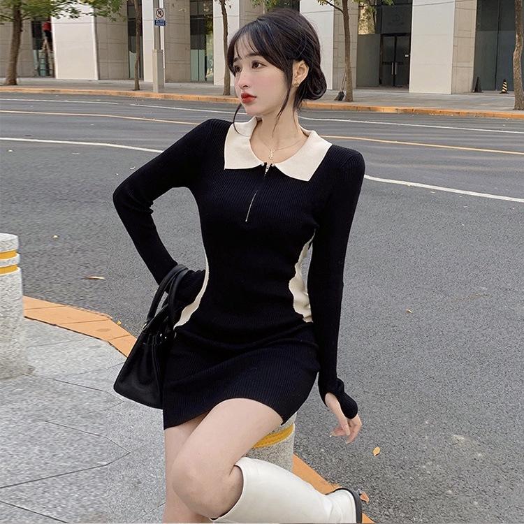 Korean Version of Fashion Contrasting Color Splicing Lapel Knitted Long-sleeved Dress Women's Autumn New Slim-fit Bottoming Hip-wrapped Short Skirt