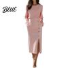 Commuting Dress Women Solid Color Midi Dress Slim Fit Autumn with Side Slit O-Neck Long Sleeve Metal Buttons Decor Formal Evening