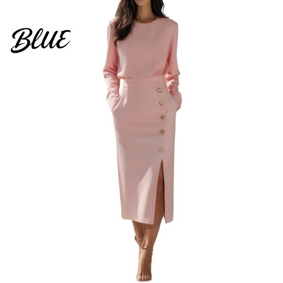 Commuting Dress Women Solid Color Midi Dress Slim Fit Autumn with Side Slit O-Neck Long Sleeve Metal Buttons Decor Formal Evening
