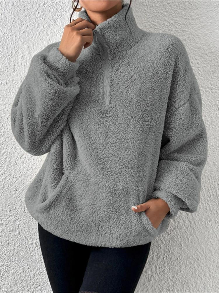 Damen Herbst Casual Plüsch Stil Einfarbig Stehkragen Reißverschluss Sweatshirt