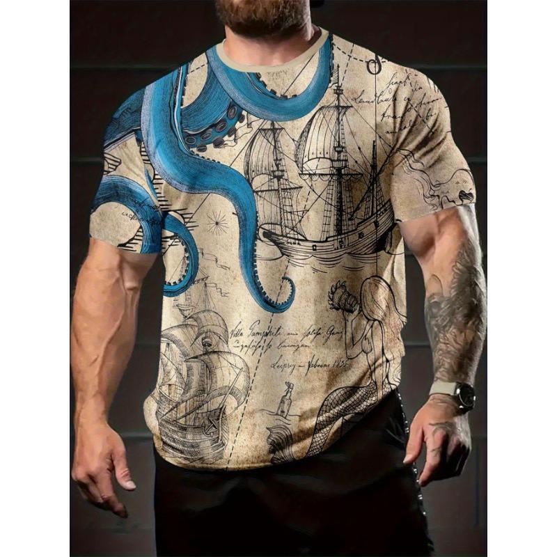 

Men S Plus Size 3D Digital Print T-Shirt Featuring a Sea Monster And Sailboat for Summer - A Casual, S