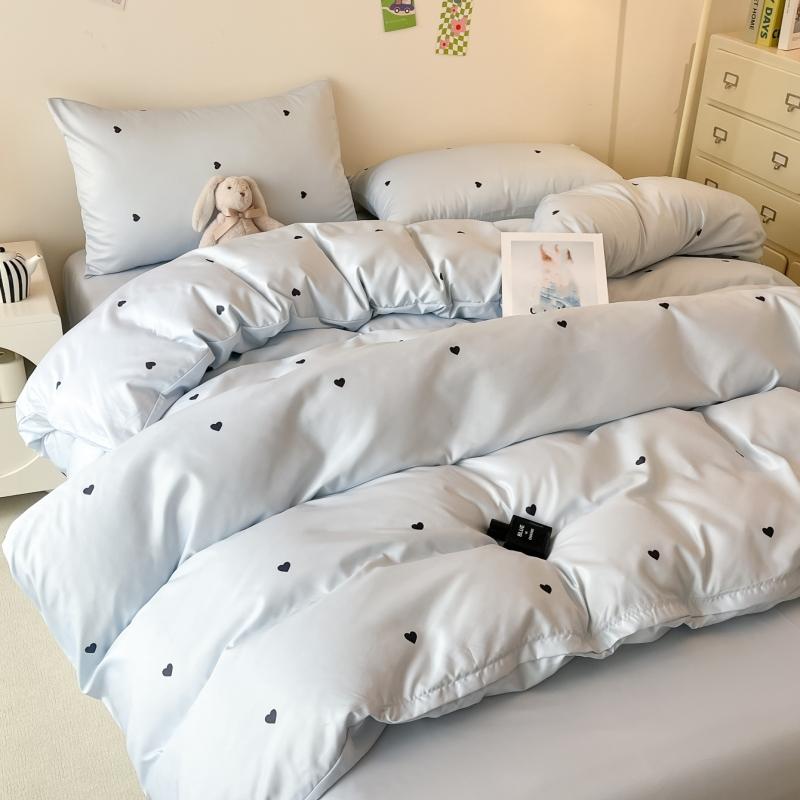 3pcs Blue Duvet Cover Set (1*Duvet Cover + 2*Pillowcase, Without Core), Heart Print Bedding Set, Soft Comfortable