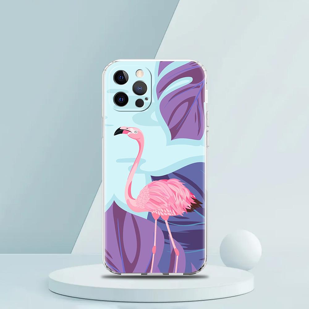 For iPhone 15 16 14 13 12 mini 11 Pro Max XS X XR SE 7 8 Plus Silicone Clear Cover lovely Pink Flamingos leaf Phone Case